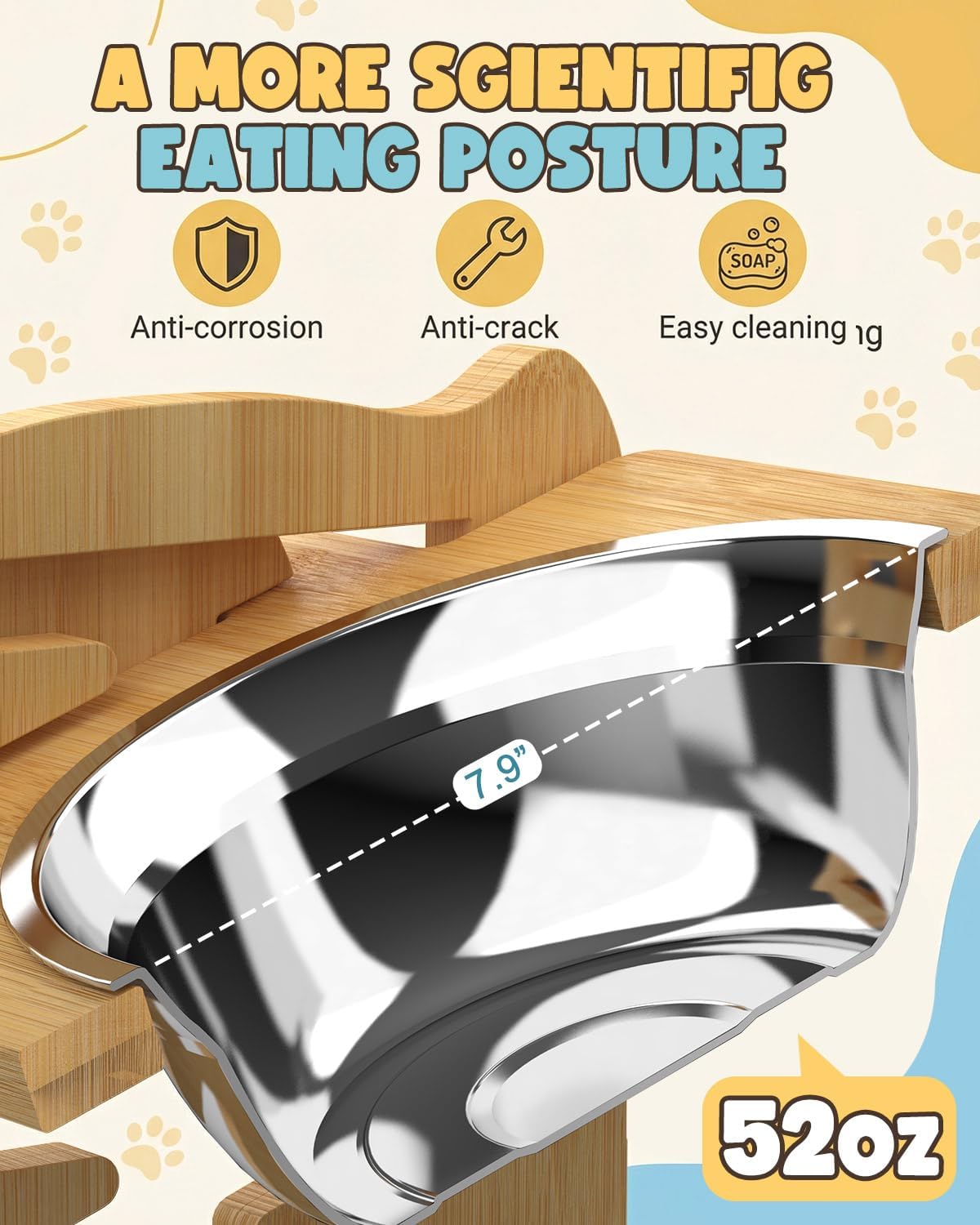 Elevated Dog Bowls, Adjustable Raised Dog Bowl Stand for Small Size Dogs and Cats, 15°Tilted Elevated Cat Bowls, Durable Bamboo Dogs Feeder with 2 Stainless Steel Bowls and Non-Slip Feet