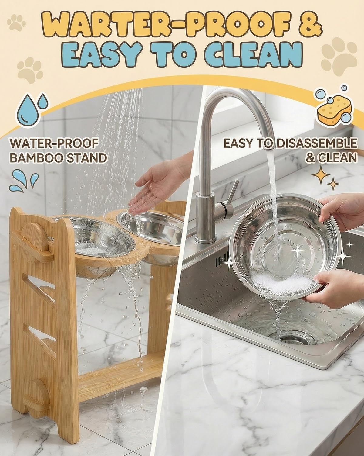 Elevated Dog Bowls, Adjustable Raised Dog Bowl Stand for Small Size Dogs and Cats, 15°Tilted Elevated Cat Bowls, Durable Bamboo Dogs Feeder with 2 Stainless Steel Bowls and Non-Slip Feet