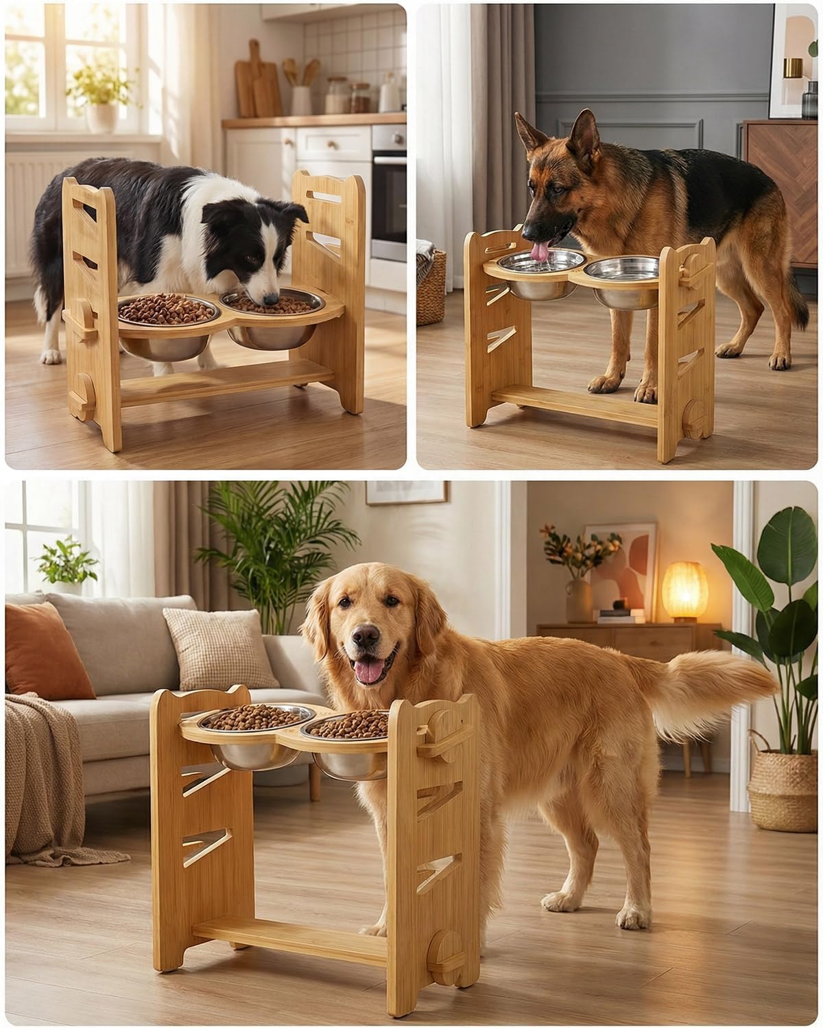 Elevated Dog Bowls, Adjustable Raised Dog Bowl Stand for Small Size Dogs and Cats, 15°Tilted Elevated Cat Bowls, Durable Bamboo Dogs Feeder with 2 Stainless Steel Bowls and Non-Slip Feet