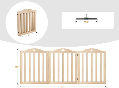 YOCAN 23.6" Tall Solid Wood Dog Gate, 4-Panel Foldable Freestanding Indoor Pet Gate with Upgraded Integrated Support Feet, No Assembly Dog Barrier for Doorways, Hallways & Stairs