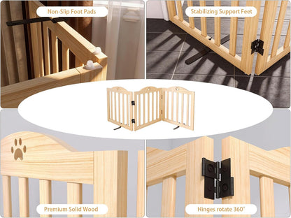 YOCAN 23.6" Tall Solid Wood Dog Gate, 4-Panel Foldable Freestanding Indoor Pet Gate with Upgraded Integrated Support Feet, No Assembly Dog Barrier for Doorways, Hallways & Stairs