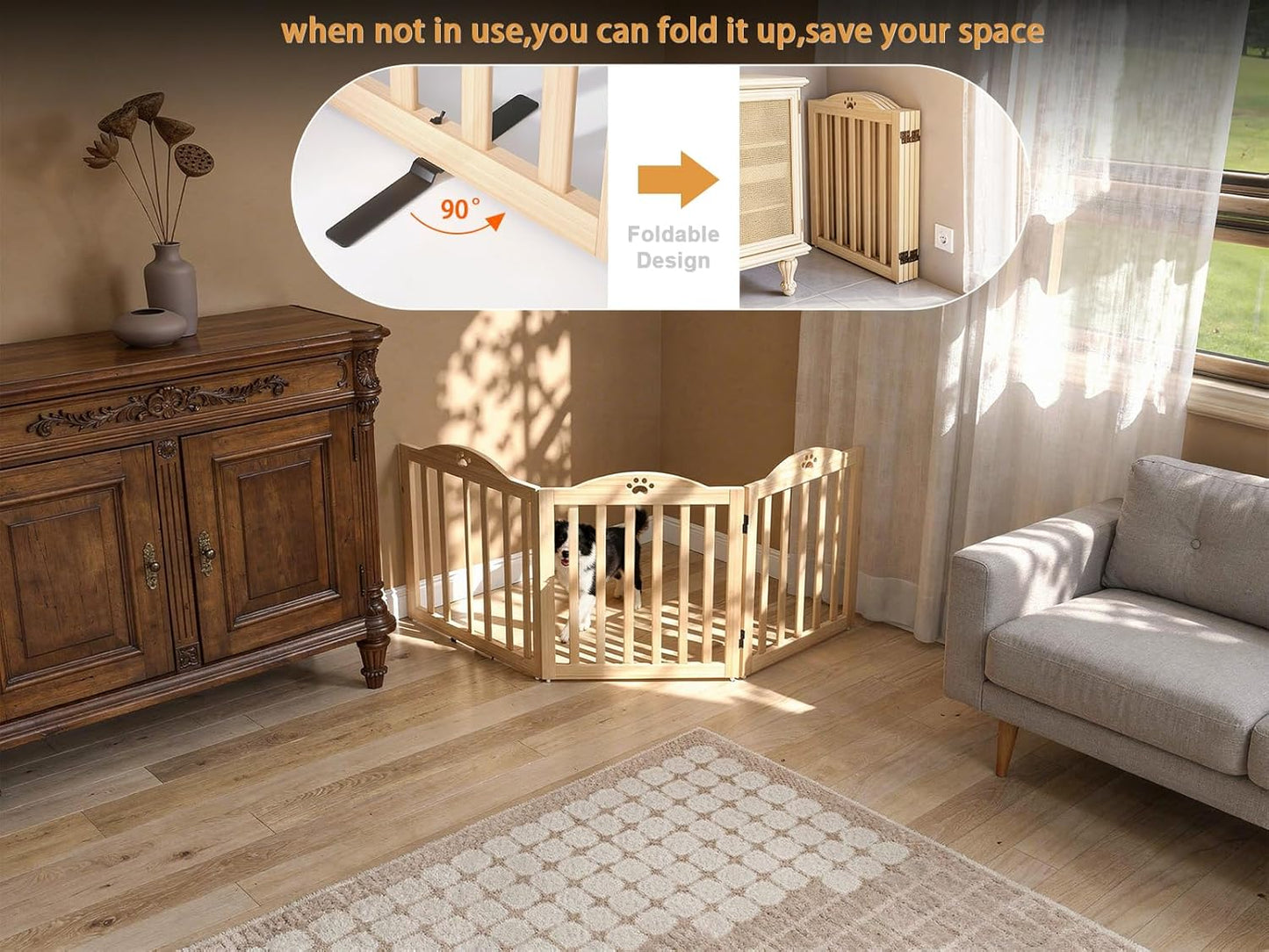 YOCAN 23.6" Tall Solid Wood Dog Gate, 4-Panel Foldable Freestanding Indoor Pet Gate with Upgraded Integrated Support Feet, No Assembly Dog Barrier for Doorways, Hallways & Stairs