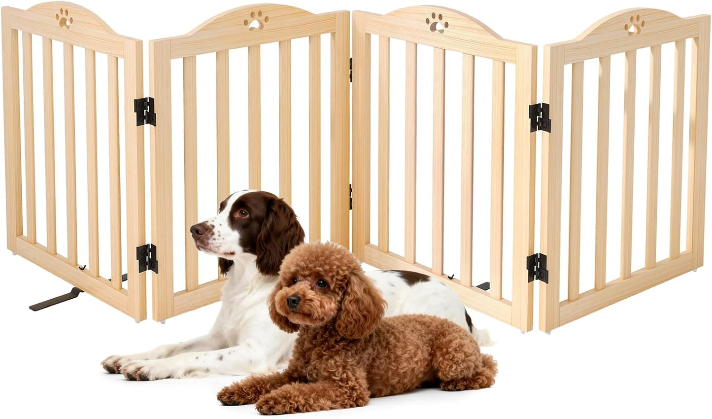 YOCAN 23.6" Tall Solid Wood Dog Gate, 4-Panel Foldable Freestanding Indoor Pet Gate with Upgraded Integrated Support Feet, No Assembly Dog Barrier for Doorways, Hallways & Stairs
