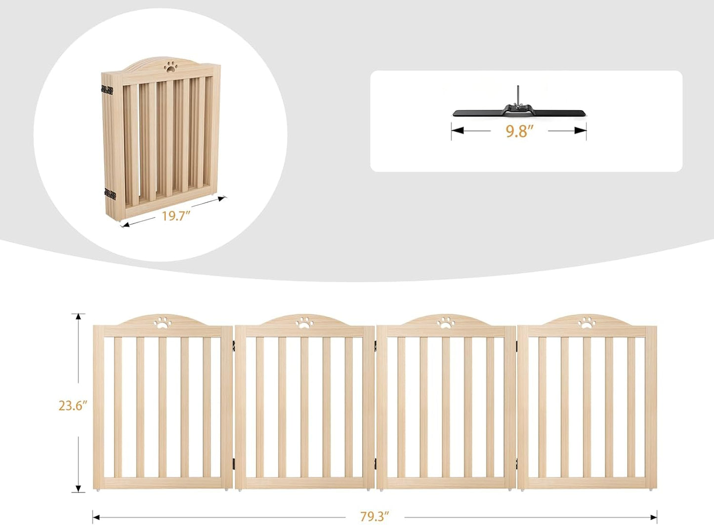 YOCAN 23.6" Tall Solid Wood Dog Gate, 4-Panel Foldable Freestanding Indoor Pet Gate with Upgraded Integrated Support Feet, No Assembly Dog Barrier for Doorways, Hallways & Stairs