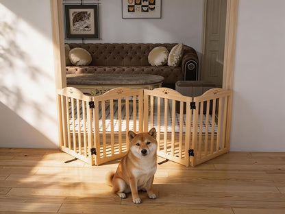 YOCAN 23.6" Tall Solid Wood Dog Gate, 4-Panel Foldable Freestanding Indoor Pet Gate with Upgraded Integrated Support Feet, No Assembly Dog Barrier for Doorways, Hallways & Stairs