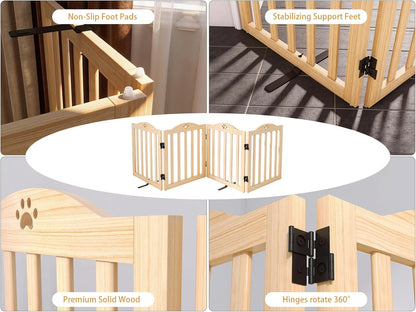 YOCAN 23.6" Tall Solid Wood Dog Gate, 4-Panel Foldable Freestanding Indoor Pet Gate with Upgraded Integrated Support Feet, No Assembly Dog Barrier for Doorways, Hallways & Stairs