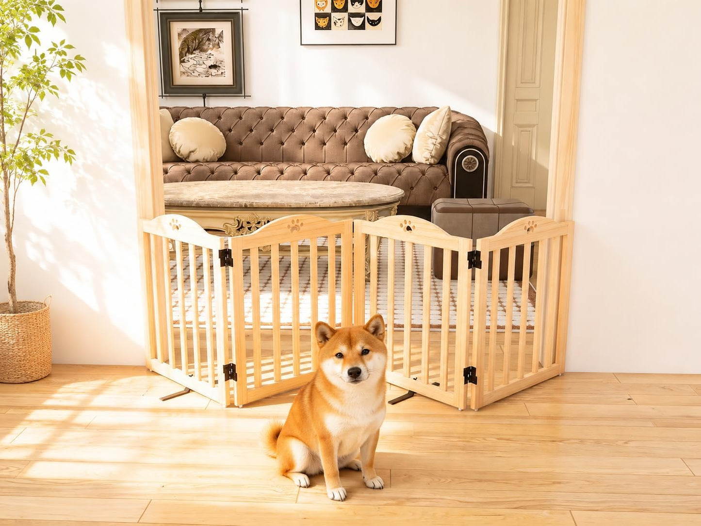 YOCAN 23.6" Tall Solid Wood Dog Gate, 4-Panel Foldable Freestanding Indoor Pet Gate with Upgraded Integrated Support Feet, No Assembly Dog Barrier for Doorways, Hallways & Stairs
