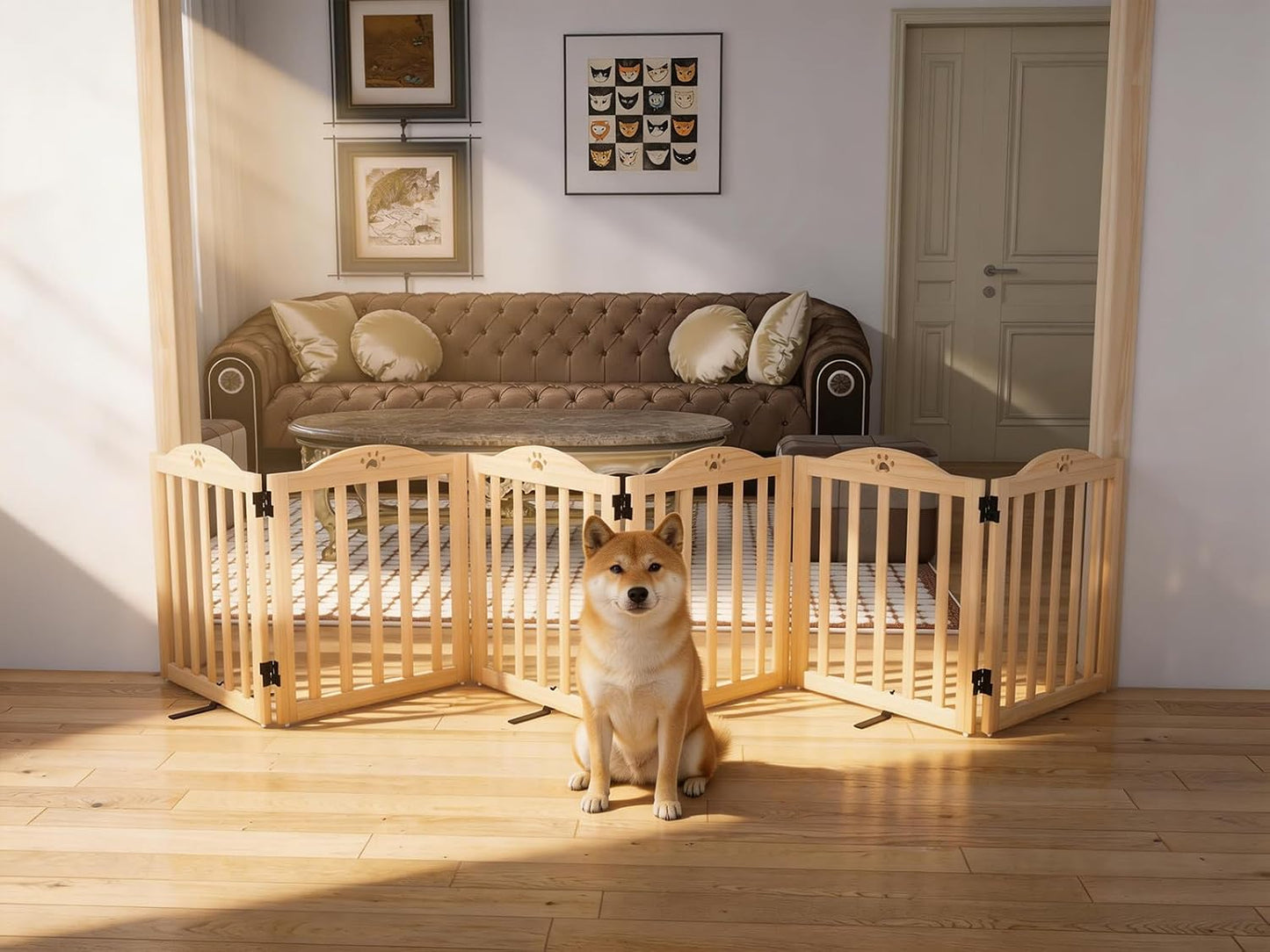 YOCAN 23.6" Tall Solid Wood Dog Gate, 4-Panel Foldable Freestanding Indoor Pet Gate with Upgraded Integrated Support Feet, No Assembly Dog Barrier for Doorways, Hallways & Stairs