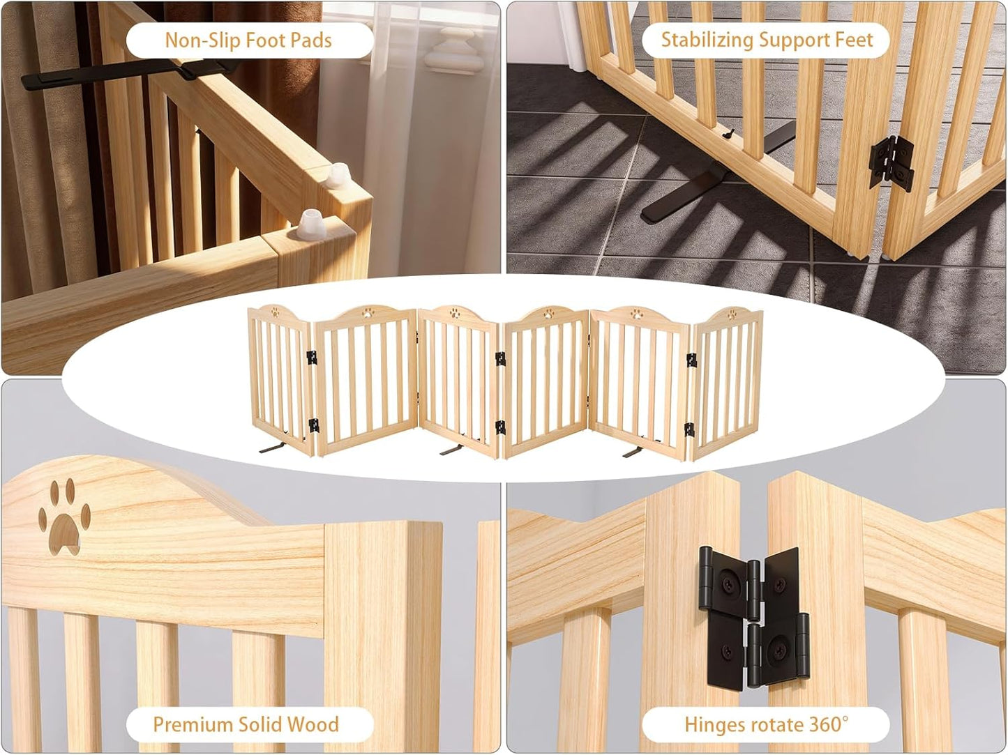 YOCAN 23.6" Tall Solid Wood Dog Gate, 4-Panel Foldable Freestanding Indoor Pet Gate with Upgraded Integrated Support Feet, No Assembly Dog Barrier for Doorways, Hallways & Stairs