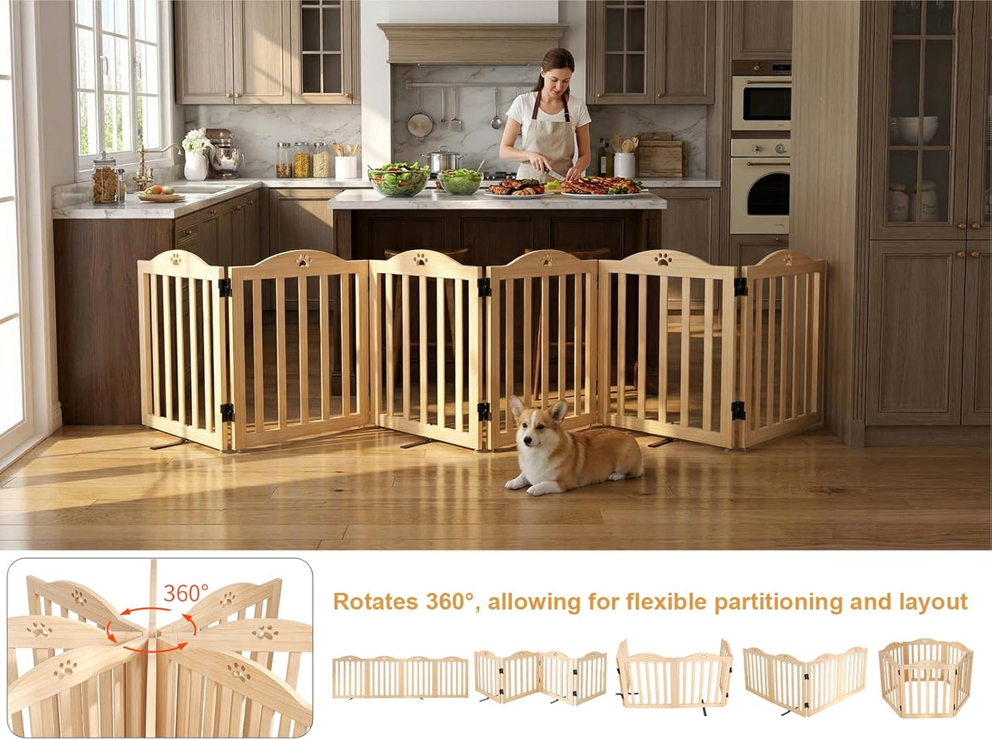 YOCAN 23.6" Tall Solid Wood Dog Gate, 4-Panel Foldable Freestanding Indoor Pet Gate with Upgraded Integrated Support Feet, No Assembly Dog Barrier for Doorways, Hallways & Stairs