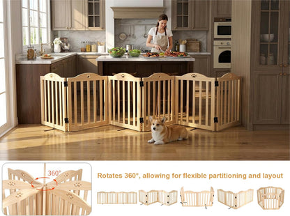YOCAN 23.6" Tall Solid Wood Dog Gate, 4-Panel Foldable Freestanding Indoor Pet Gate with Upgraded Integrated Support Feet, No Assembly Dog Barrier for Doorways, Hallways & Stairs