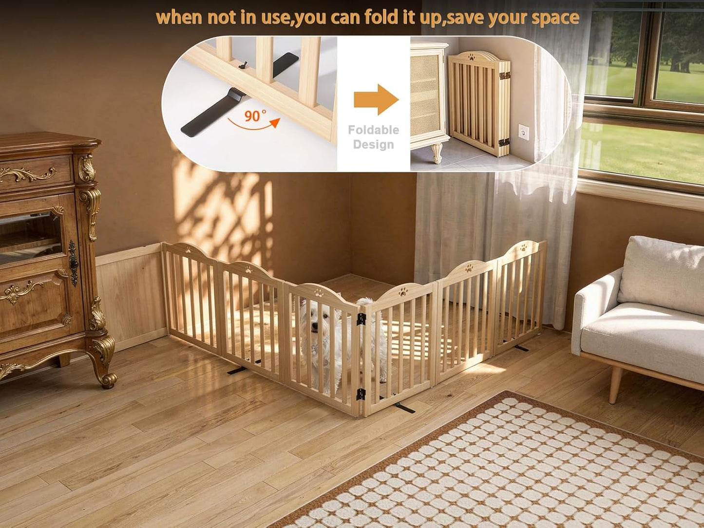 YOCAN 23.6" Tall Solid Wood Dog Gate, 4-Panel Foldable Freestanding Indoor Pet Gate with Upgraded Integrated Support Feet, No Assembly Dog Barrier for Doorways, Hallways & Stairs