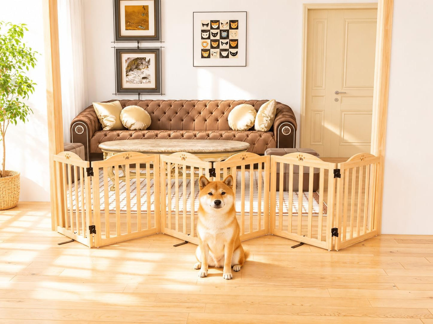 YOCAN 23.6" Tall Solid Wood Dog Gate, 4-Panel Foldable Freestanding Indoor Pet Gate with Upgraded Integrated Support Feet, No Assembly Dog Barrier for Doorways, Hallways & Stairs