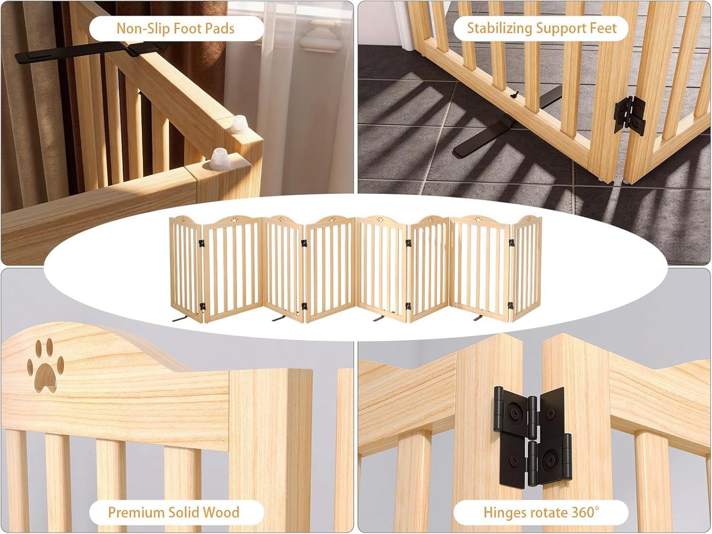 YOCAN 23.6" Tall Solid Wood Dog Gate, 4-Panel Foldable Freestanding Indoor Pet Gate with Upgraded Integrated Support Feet, No Assembly Dog Barrier for Doorways, Hallways & Stairs