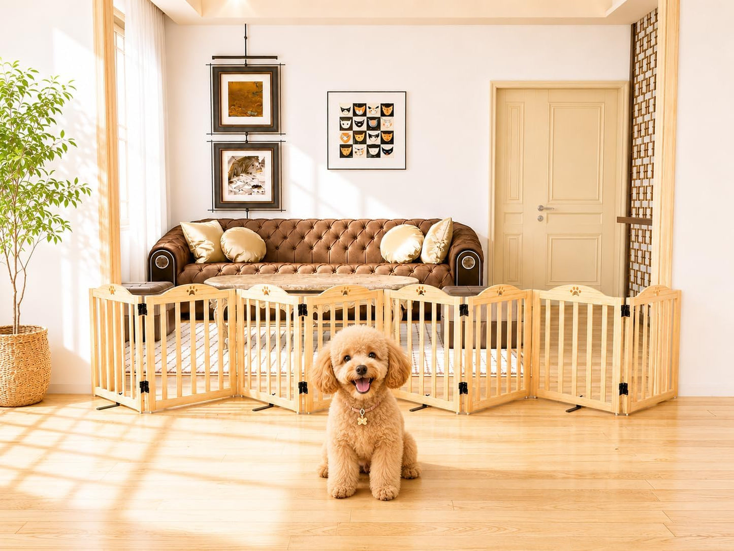 YOCAN 23.6" Tall Solid Wood Dog Gate, 4-Panel Foldable Freestanding Indoor Pet Gate with Upgraded Integrated Support Feet, No Assembly Dog Barrier for Doorways, Hallways & Stairs