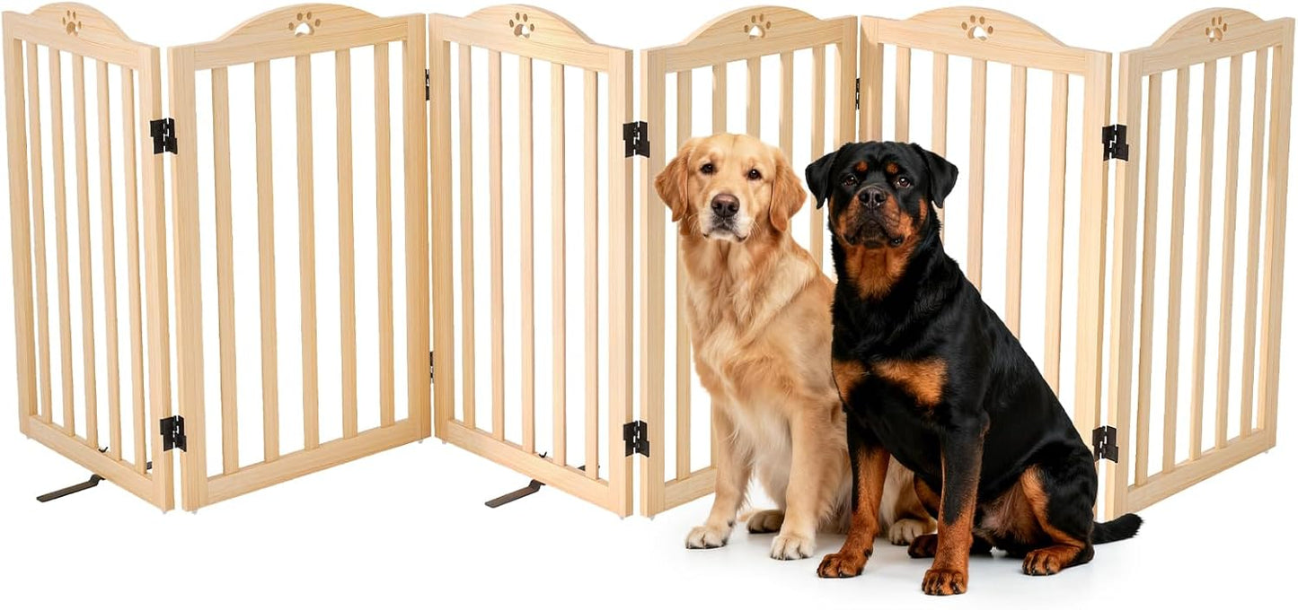 YOCAN 23.6" Tall Solid Wood Dog Gate, 4-Panel Foldable Freestanding Indoor Pet Gate with Upgraded Integrated Support Feet, No Assembly Dog Barrier for Doorways, Hallways & Stairs