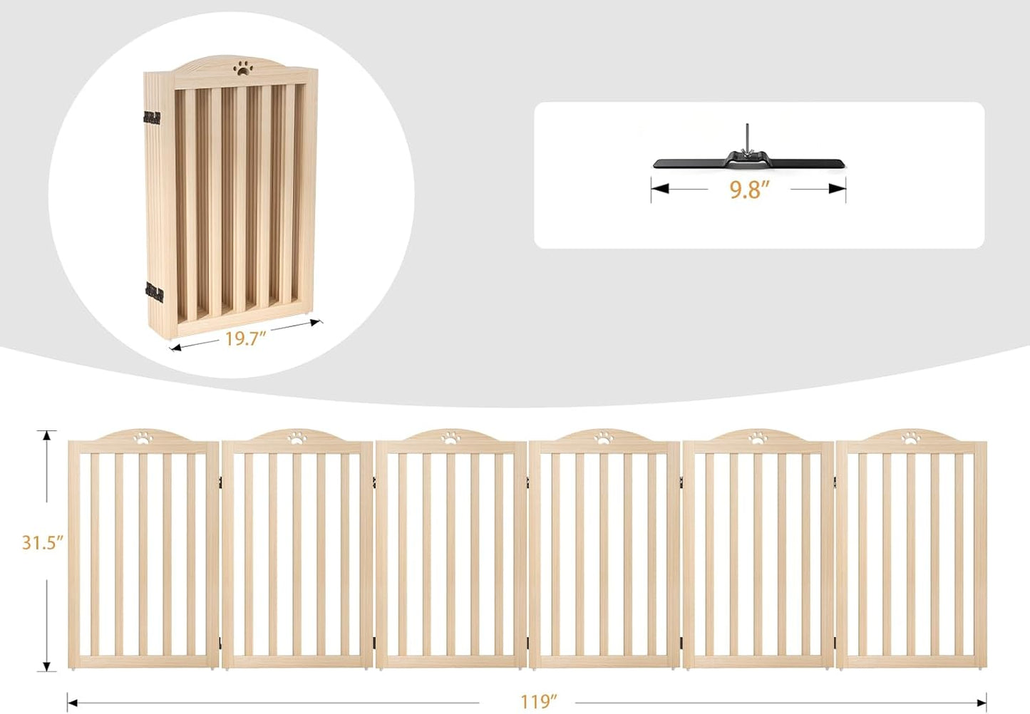 YOCAN 23.6" Tall Solid Wood Dog Gate, 4-Panel Foldable Freestanding Indoor Pet Gate with Upgraded Integrated Support Feet, No Assembly Dog Barrier for Doorways, Hallways & Stairs