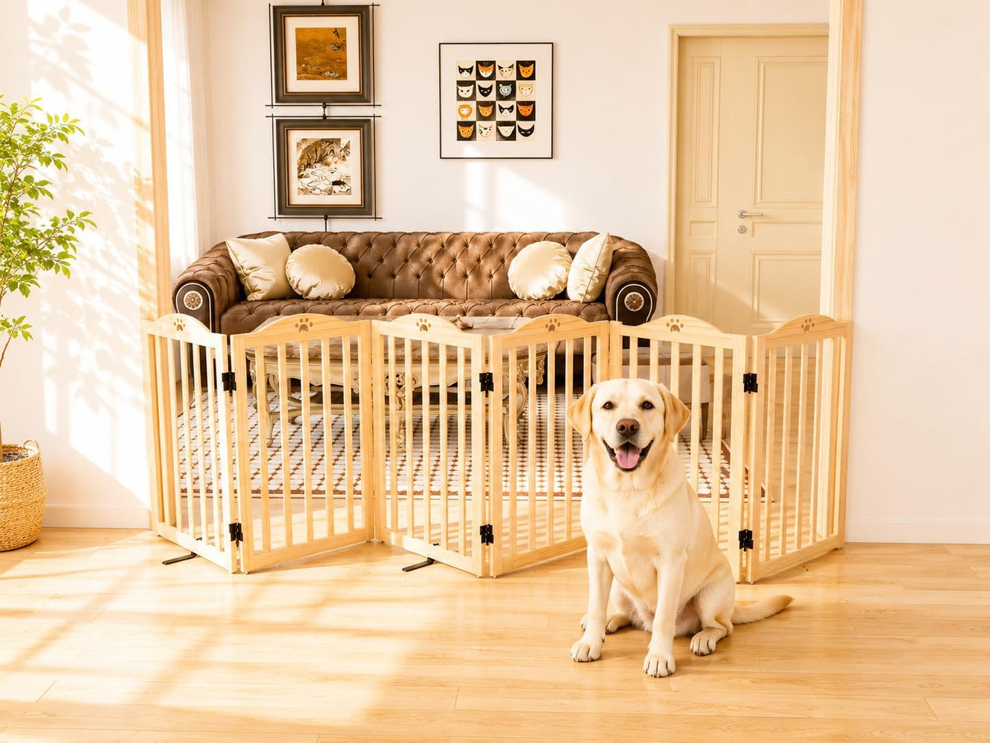YOCAN 23.6" Tall Solid Wood Dog Gate, 4-Panel Foldable Freestanding Indoor Pet Gate with Upgraded Integrated Support Feet, No Assembly Dog Barrier for Doorways, Hallways & Stairs