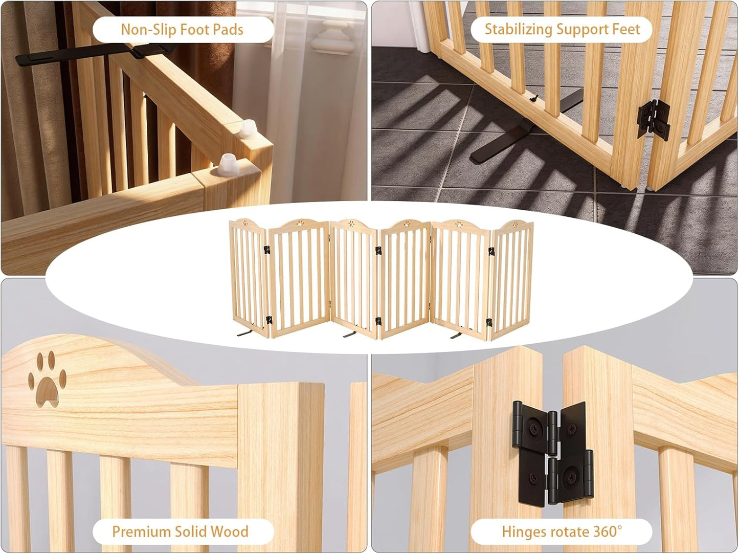 YOCAN 23.6" Tall Solid Wood Dog Gate, 4-Panel Foldable Freestanding Indoor Pet Gate with Upgraded Integrated Support Feet, No Assembly Dog Barrier for Doorways, Hallways & Stairs