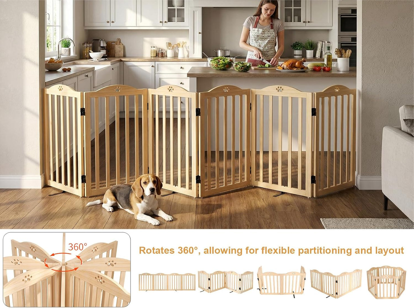 YOCAN 23.6" Tall Solid Wood Dog Gate, 4-Panel Foldable Freestanding Indoor Pet Gate with Upgraded Integrated Support Feet, No Assembly Dog Barrier for Doorways, Hallways & Stairs