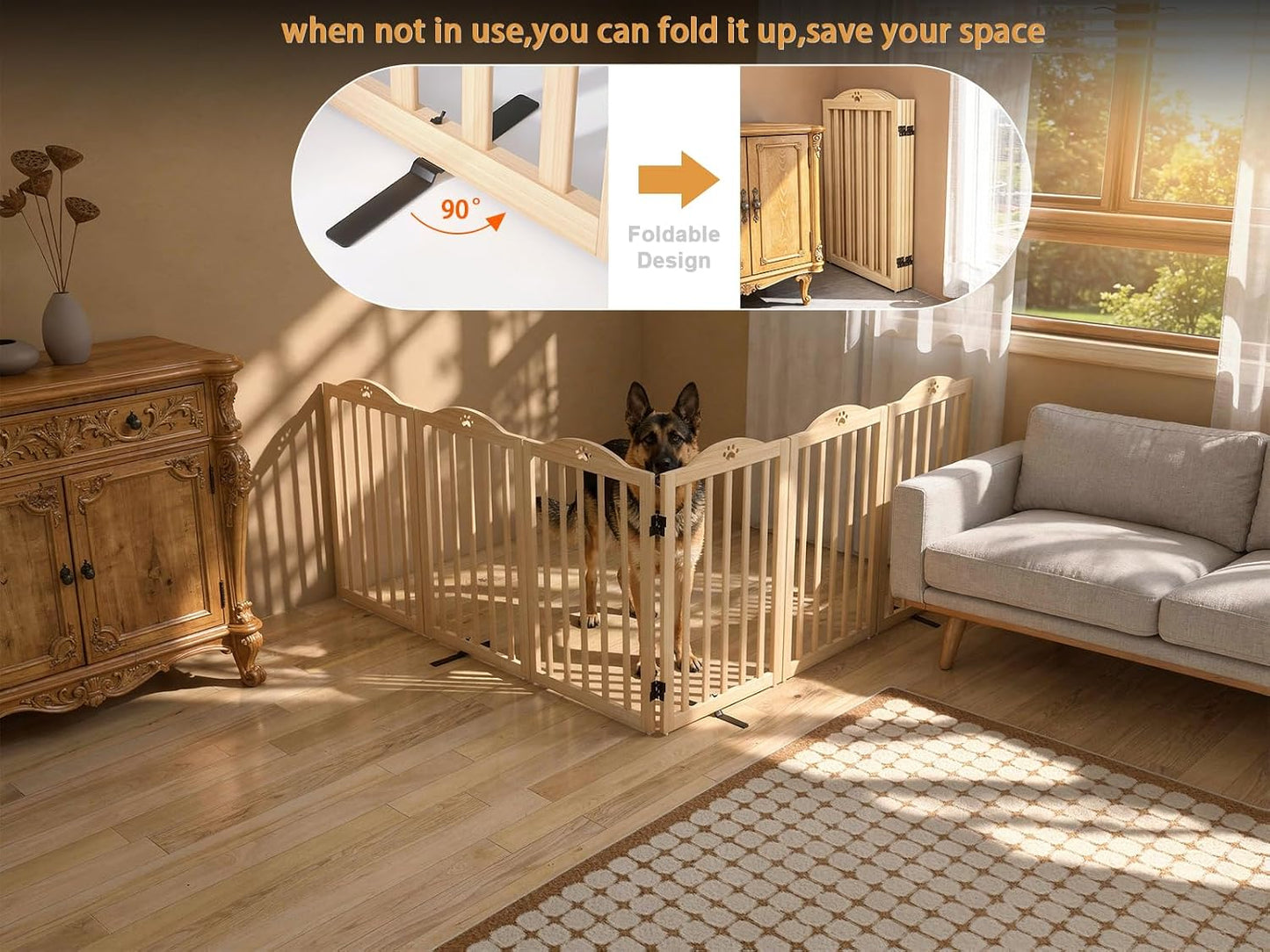 YOCAN 23.6" Tall Solid Wood Dog Gate, 4-Panel Foldable Freestanding Indoor Pet Gate with Upgraded Integrated Support Feet, No Assembly Dog Barrier for Doorways, Hallways & Stairs