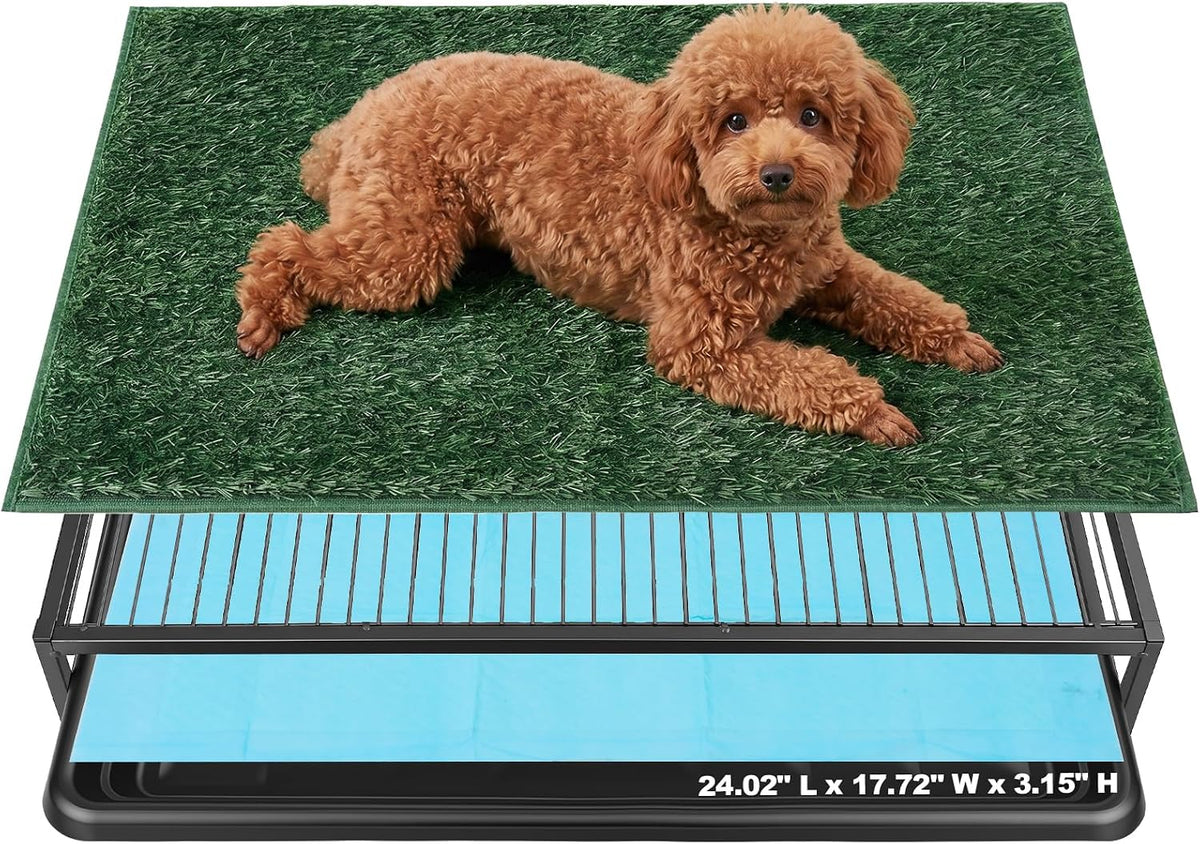 Grass Potty for Dogs with Tray, 304 Stainless Steel Pee Pad Holder, Puppy Potty Tray with Artificial Grass, Indoor & Outdoor Use (24.02" L x 17.72" W x 3.15" H)
