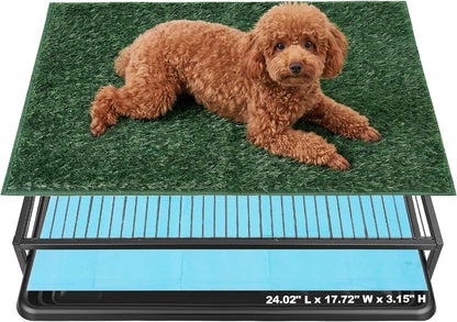 Grass Potty for Dogs with Tray, 304 Stainless Steel Pee Pad Holder, Puppy Potty Tray with Artificial Grass, Indoor & Outdoor Use (24.02" L x 17.72" W x 3.15" H)