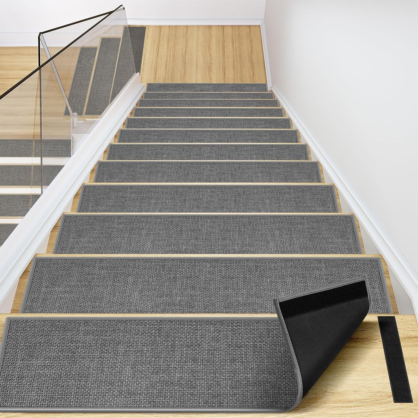 Peel and Stick Adhesive Stair Treads for Wooden Steps Indoor Set of 15 Pack, Rubber Backed Non Slip Jute Stair Rug Step Pads for Pet Dog, Elders and Kids, Beige