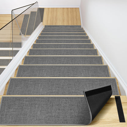 Peel and Stick Adhesive Stair Treads for Wooden Steps Indoor Set of 15 Pack, Rubber Backed Non Slip Jute Stair Rug Step Pads for Pet Dog, Elders and Kids, Beige