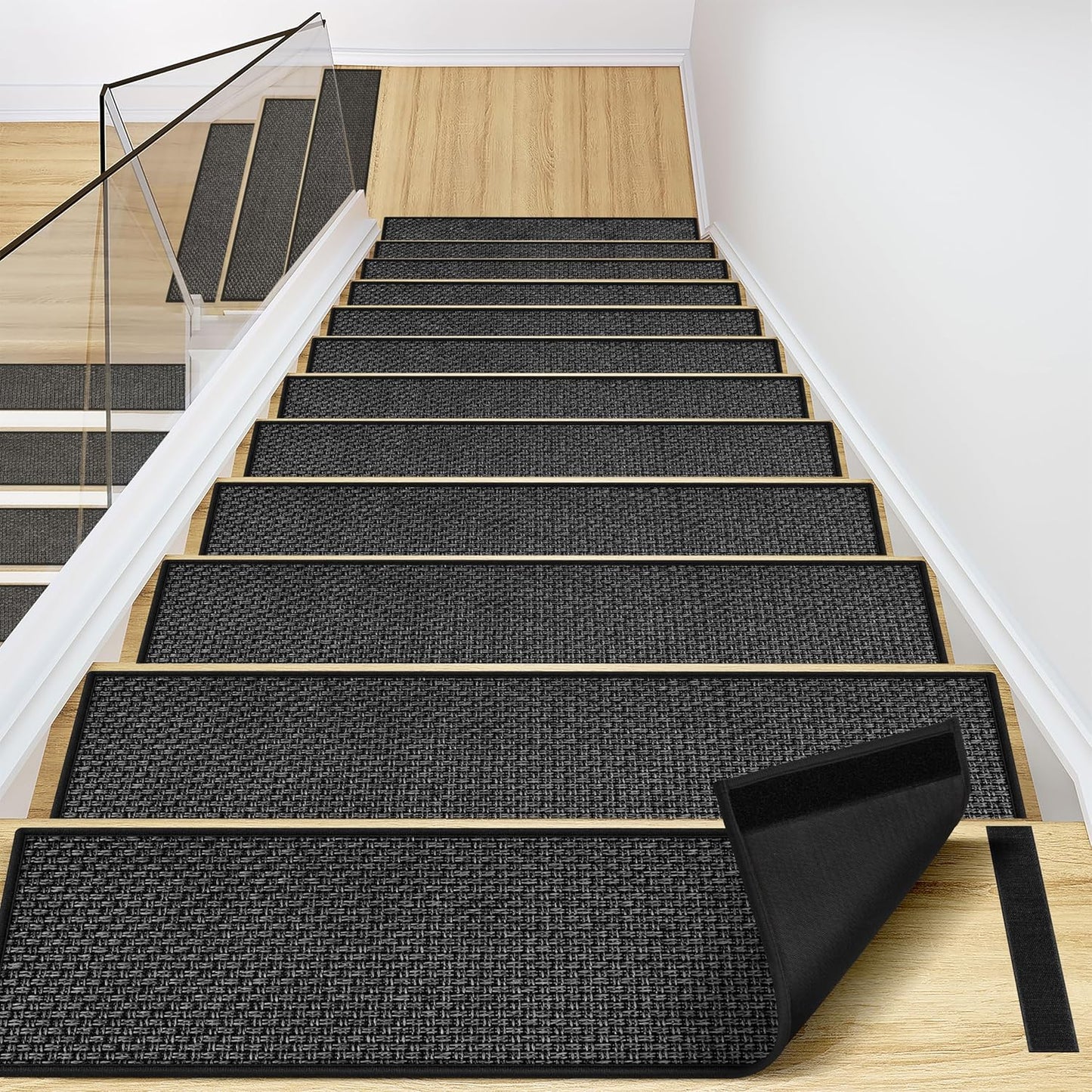 Peel and Stick Adhesive Stair Treads for Wooden Steps Indoor Set of 15 Pack, Rubber Backed Non Slip Jute Stair Rug Step Pads for Pet Dog, Elders and Kids, Beige