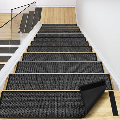 Peel and Stick Adhesive Stair Treads for Wooden Steps Indoor Set of 15 Pack, Rubber Backed Non Slip Jute Stair Rug Step Pads for Pet Dog, Elders and Kids, Beige