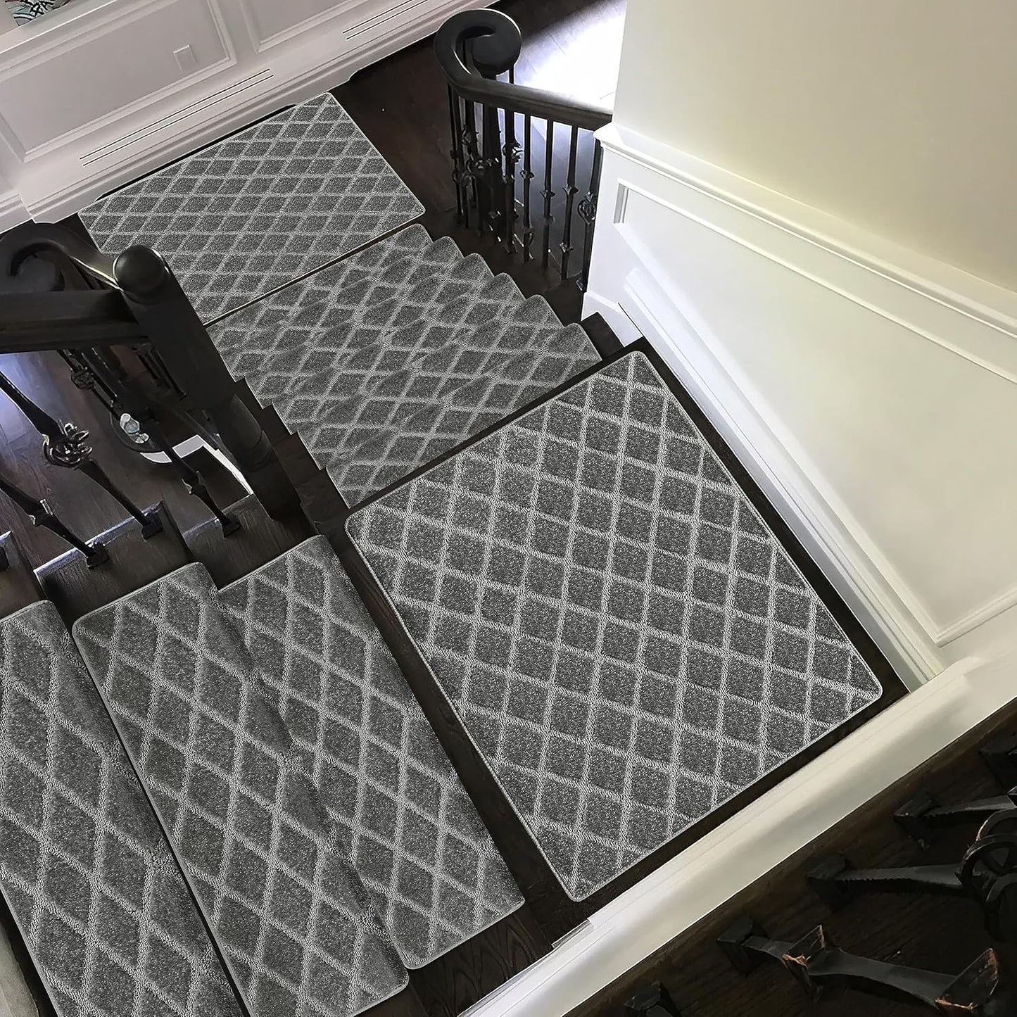 PURE ERA Bullnose Carpet Stair Treads Set Tape Free Non-Slip Indoor Stair Protectors Pet Friendly Rugs Covers Soft Skid Resistant Washable Reusable 9.5" x 30"(14 Pieces,Cream Gray)