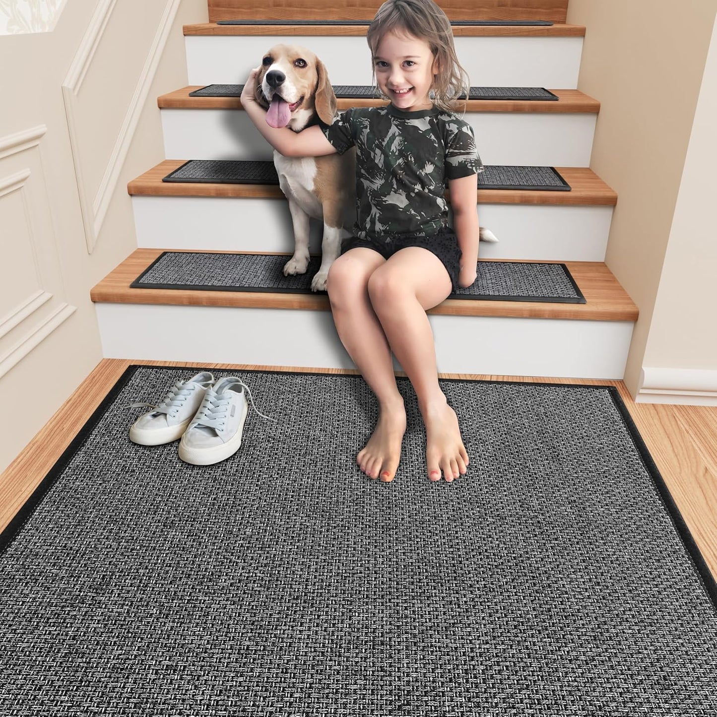 Stair Treads Carpet 4 pcs for Wooden Steps with Non Slip Rubber Backing, 100% Polyester Soft Stairs Resistant Indoor Skid Runner Safety Rugs for Kids Elders and Pets 30" * 8" (Dark Gray)