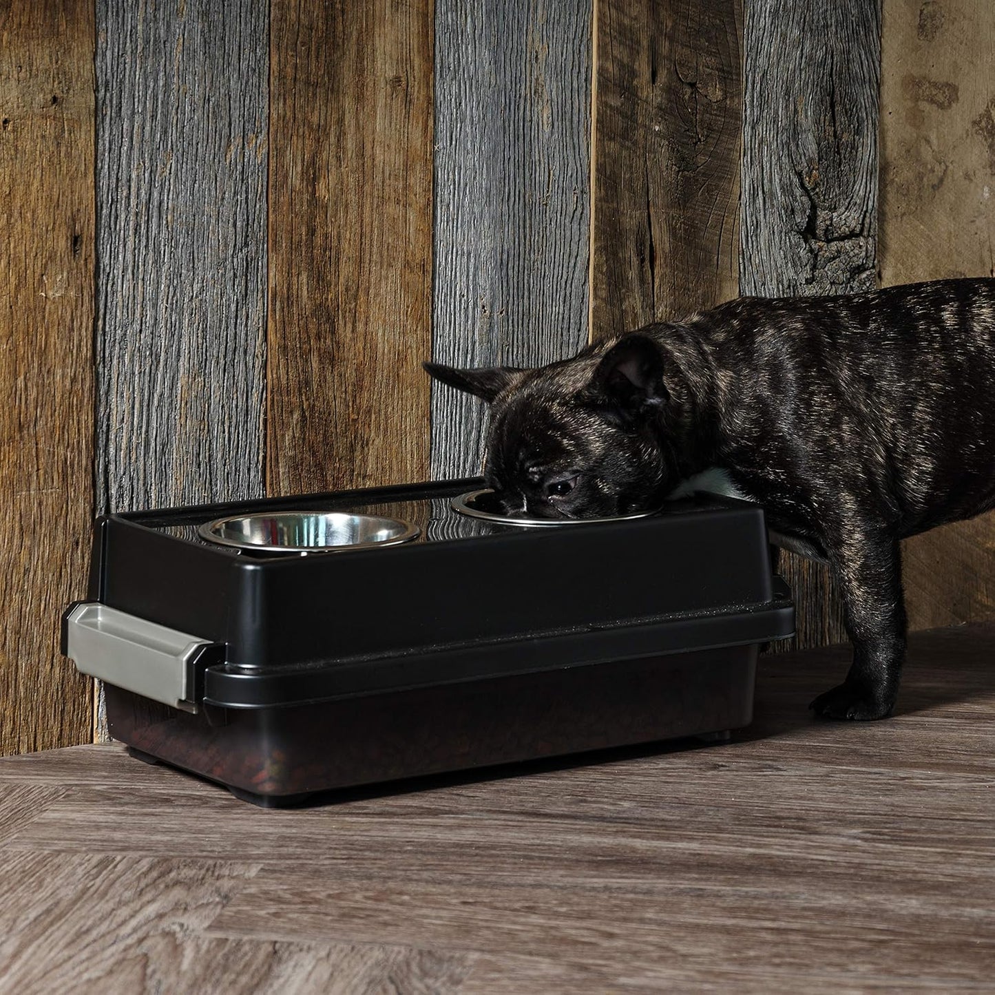 IRIS USA Dog Bowls Elevated with Storage, 15" H Raised Feeding Station, Dog Bowl Stand with Airtight Food Storage Holds 47 lbs, 2 Removable 64 oz Stainless Steel Bowls for Large Dogs, Smoke/Black