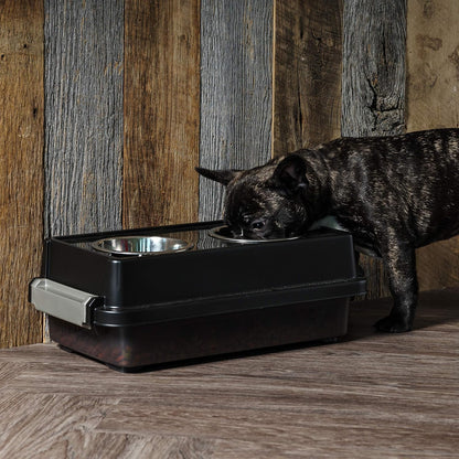 IRIS USA Dog Bowls Elevated with Storage, 15" H Raised Feeding Station, Dog Bowl Stand with Airtight Food Storage Holds 47 lbs, 2 Removable 64 oz Stainless Steel Bowls for Large Dogs, Smoke/Black