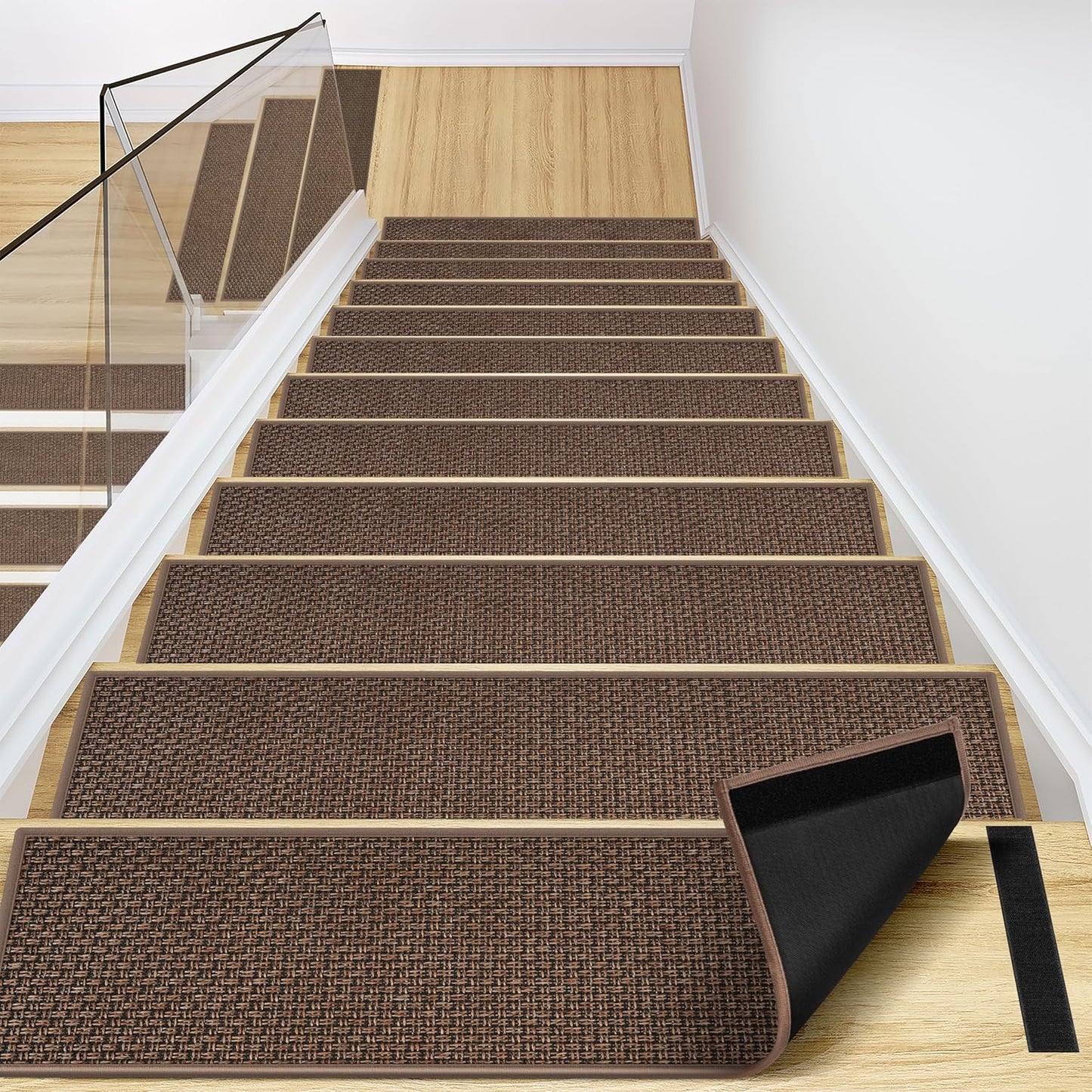 Peel and Stick Adhesive Stair Treads for Wooden Steps Indoor Set of 15 Pack, Rubber Backed Non Slip Jute Stair Rug Step Pads for Pet Dog, Elders and Kids, Beige