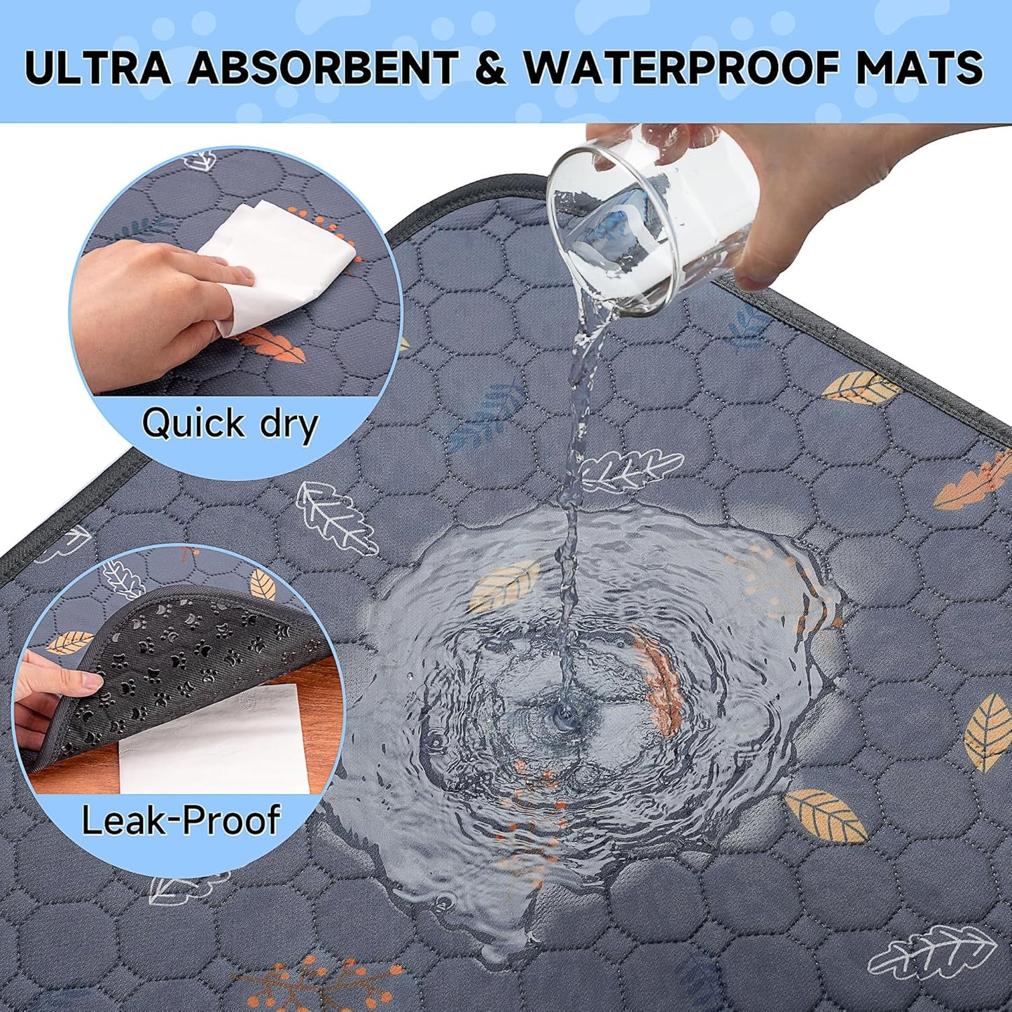 Sunheir Washable Pee Pads for Dogs Large 48" x 48" 2-Pack Reusable Puppy Pads Pet Training Pads, Absorb Dog Mats, Whelping Pad, Non-Slip Protects Against Urine Leakage (Leaves - Deep Grey, 48x48)