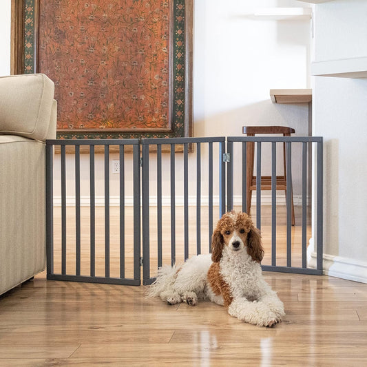 Primetime Petz - Best Freestanding, Hard Wood, Folding Pet Gate, Indoor Dog Fence for Home,Gray