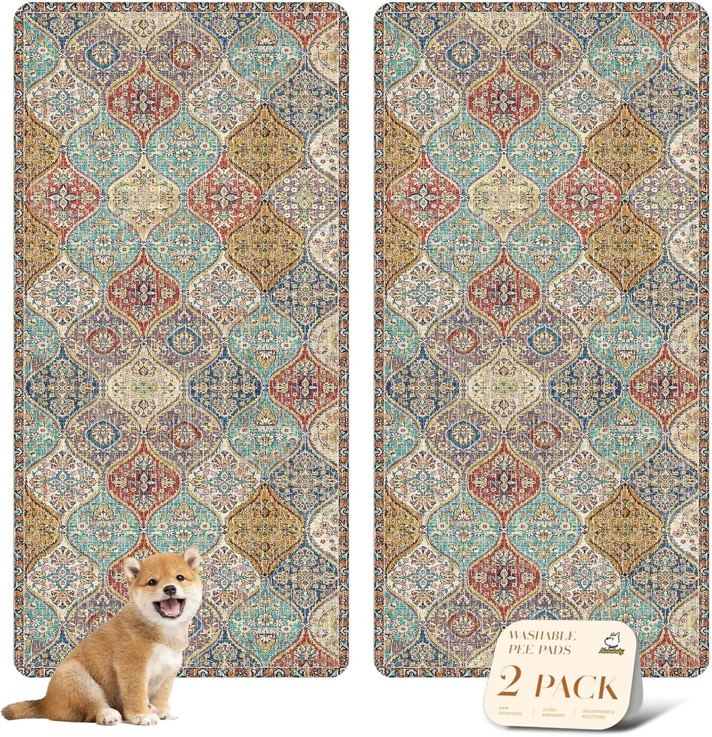 nunubaby Washable Pee Pads for Dogs, Stylish, Non-Slip and Leak-Proof Pee Pads. Reusable Potty Pads for Dogs for Crates and Floors.(Beige/Multi, 24" x48" )