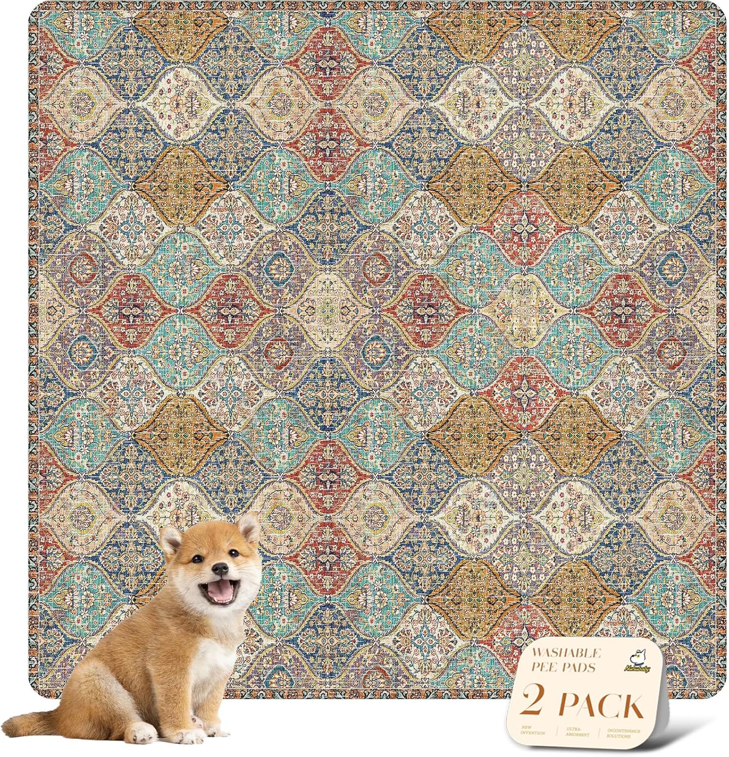 nunubaby Washable Pee Pads for Dogs, Stylish, Non-Slip and Leak-Proof Pee Pads. Reusable Potty Pads for Dogs for Crates and Floors.(Beige/Multi, 24" x48" )