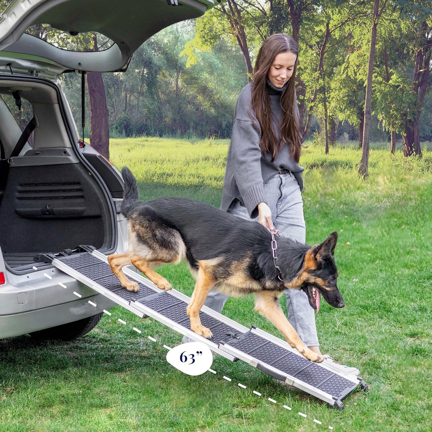 Dog Ramp for Car - Anti-Slip Dog Car Ramp for Large Dogs SUV - Stable 250LBS Capacity - Telescoping Pet Ramp for Car - Portable - Night Safety Reflective Sides - Fixing Clip - Black
