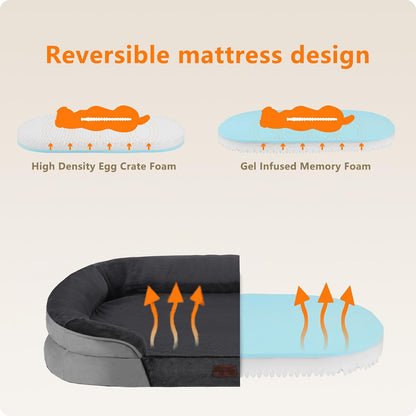 Orthopedic Waterproof Medium Dog Bed Sofa, Gel Memory Foam, 36" | Egg-Crate Foam Dog Sofa, Washable Pet Bed with Four Sided Bolster Cushion, Removable Cover & Non-Slip Bottom, Dark Grey