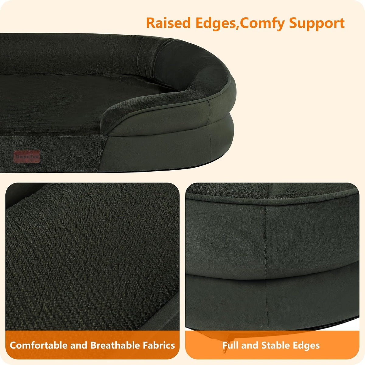 Orthopedic Waterproof Medium Dog Bed Sofa, Gel Memory Foam, 36" | Egg-Crate Foam Dog Sofa, Washable Pet Bed with Four Sided Bolster Cushion, Removable Cover & Non-Slip Bottom, Dark Grey