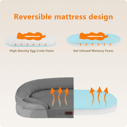Orthopedic Waterproof Medium Dog Bed Sofa, Gel Memory Foam, 36" | Egg-Crate Foam Dog Sofa, Washable Pet Bed with Four Sided Bolster Cushion, Removable Cover & Non-Slip Bottom, Dark Grey
