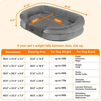 Orthopedic Waterproof Medium Dog Bed Sofa, Gel Memory Foam, 36" | Egg-Crate Foam Dog Sofa, Washable Pet Bed with Four Sided Bolster Cushion, Removable Cover & Non-Slip Bottom, Dark Grey
