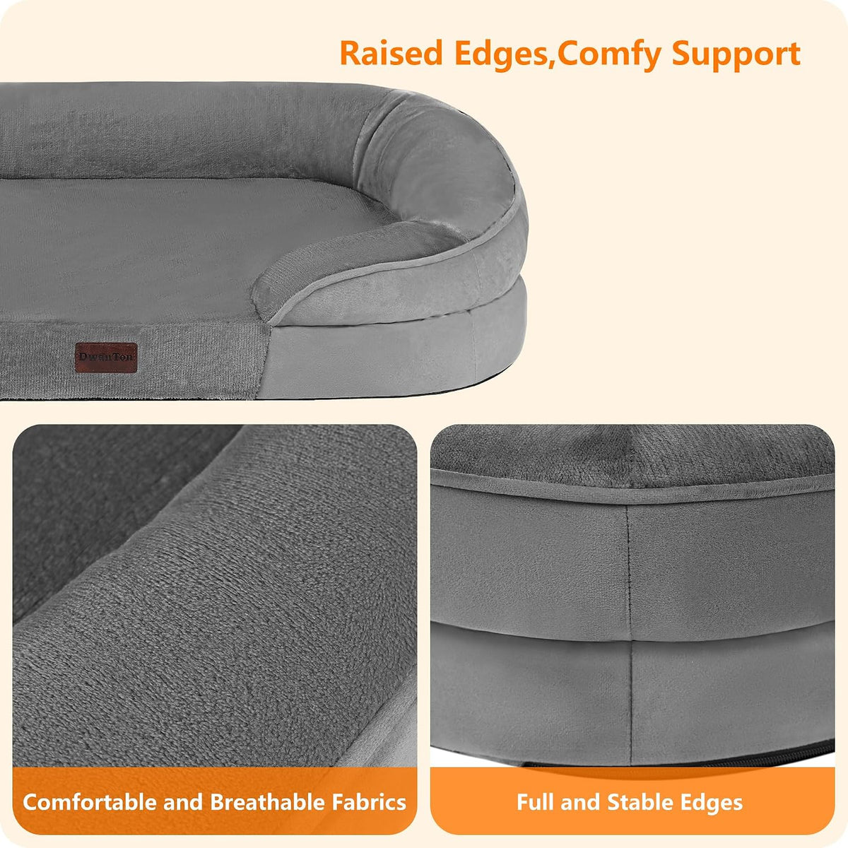 Orthopedic Waterproof Medium Dog Bed Sofa, Gel Memory Foam, 36" | Egg-Crate Foam Dog Sofa, Washable Pet Bed with Four Sided Bolster Cushion, Removable Cover & Non-Slip Bottom, Dark Grey