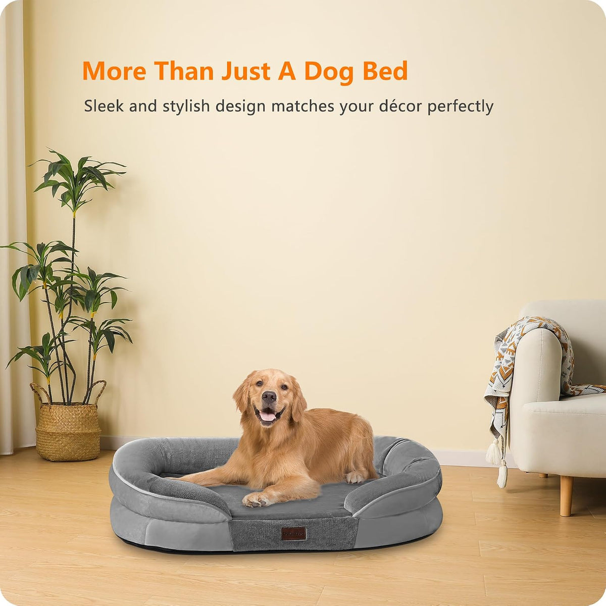 Orthopedic Waterproof Medium Dog Bed Sofa, Gel Memory Foam, 36" | Egg-Crate Foam Dog Sofa, Washable Pet Bed with Four Sided Bolster Cushion, Removable Cover & Non-Slip Bottom, Dark Grey