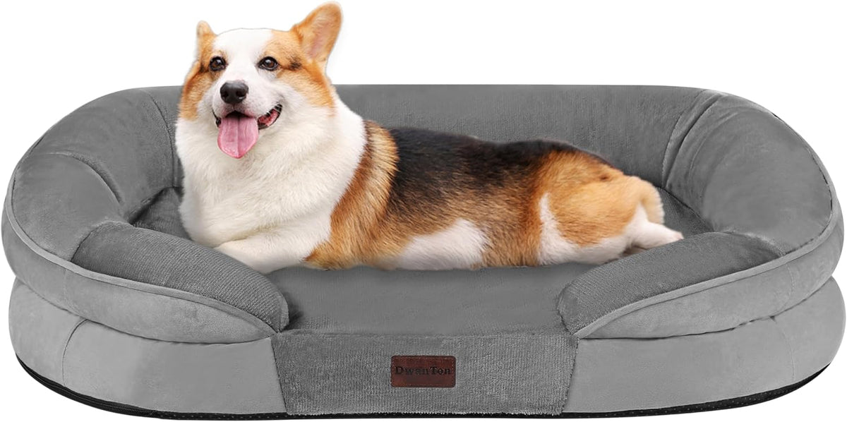 Orthopedic Waterproof Medium Dog Bed Sofa, Gel Memory Foam, 36" | Egg-Crate Foam Dog Sofa, Washable Pet Bed with Four Sided Bolster Cushion, Removable Cover & Non-Slip Bottom, Dark Grey