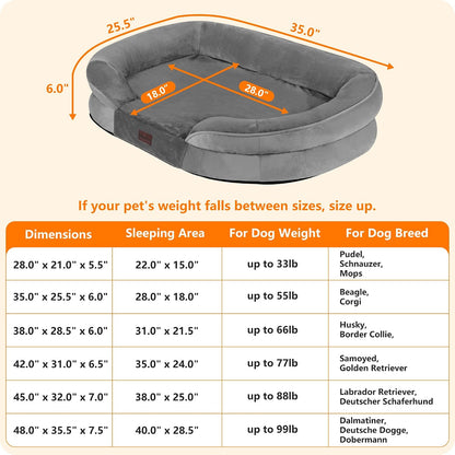 Orthopedic Waterproof Medium Dog Bed Sofa, Gel Memory Foam, 36" | Egg-Crate Foam Dog Sofa, Washable Pet Bed with Four Sided Bolster Cushion, Removable Cover & Non-Slip Bottom, Dark Grey