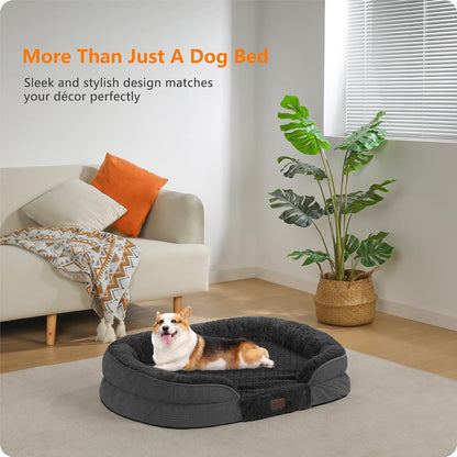 Orthopedic Waterproof Medium Dog Bed Sofa, Gel Memory Foam, 36" | Egg-Crate Foam Dog Sofa, Washable Pet Bed with Four Sided Bolster Cushion, Removable Cover & Non-Slip Bottom, Dark Grey